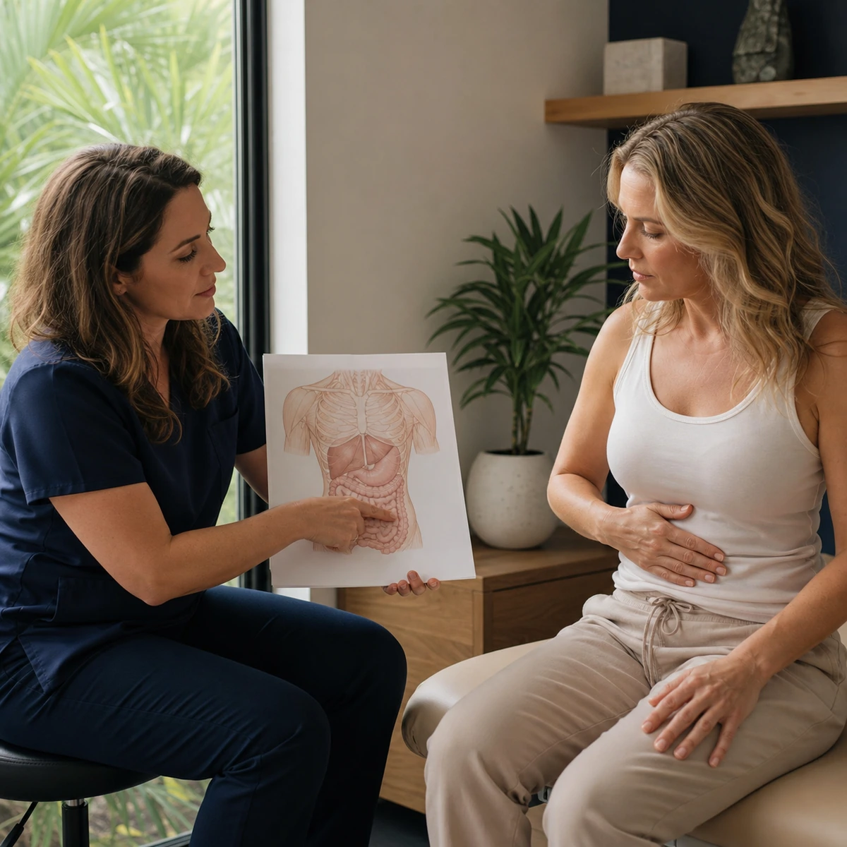 A practitioner holding up an anatomical chart of the digestive organs and pointing to the lower intestine, while a seated patient rests a hand on her abdomen