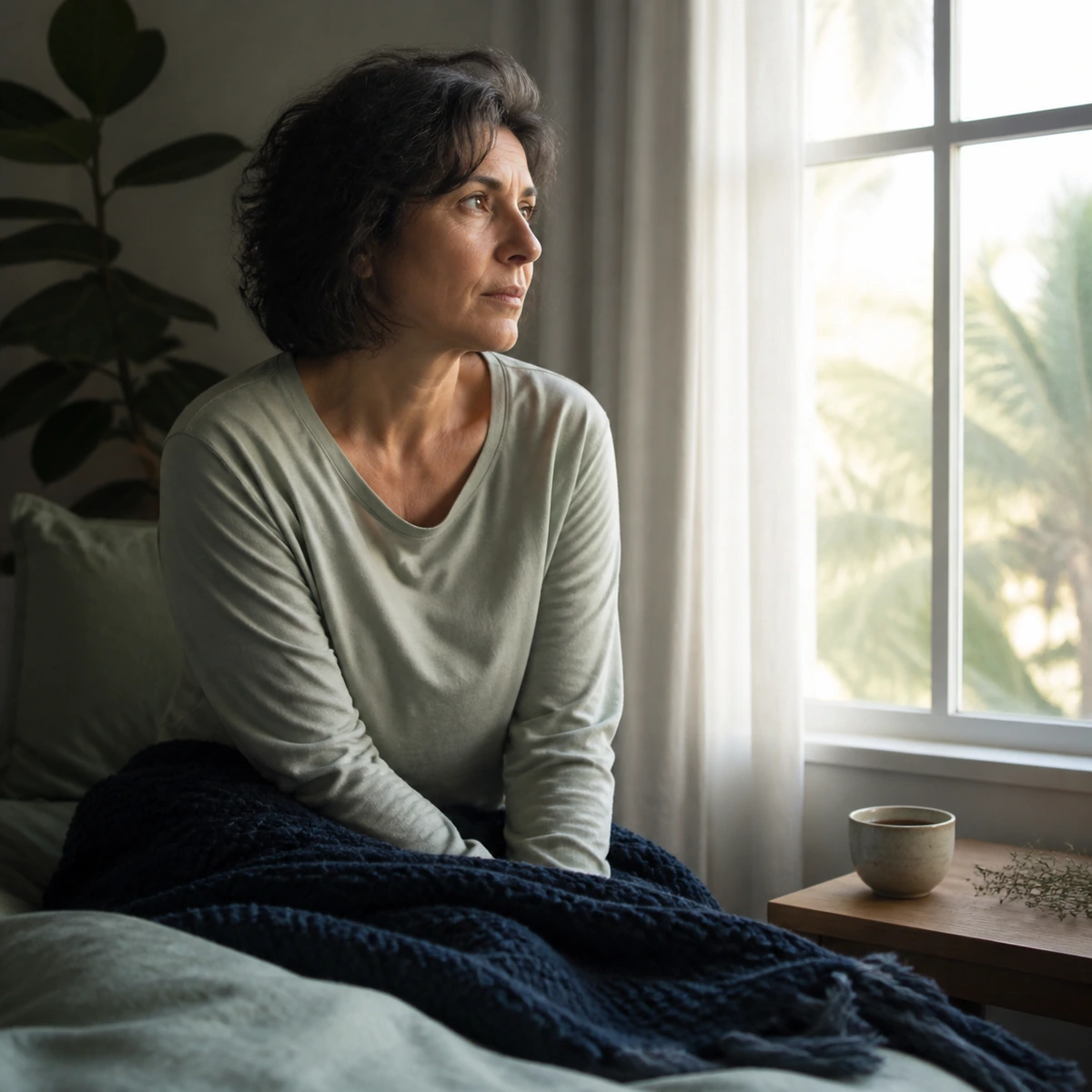 A woman lying awake in bed at first light, sitting up with a blanket around her and looking toward the window, an untouched cup on the nightstand
