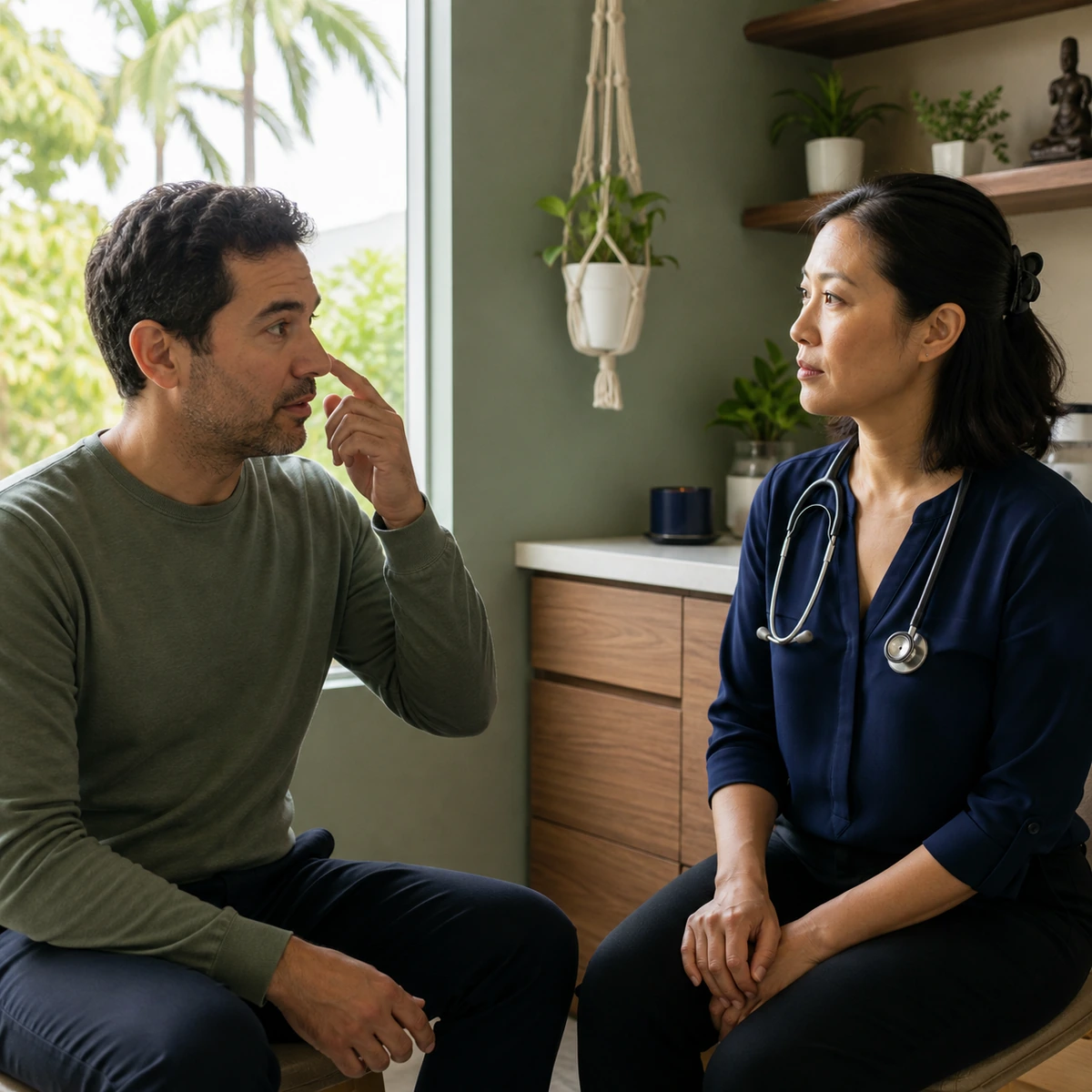 A man seated in a treatment room pointing to the bridge of his nose to show where the sinus pressure sits, while a practitioner with a stethoscope listens