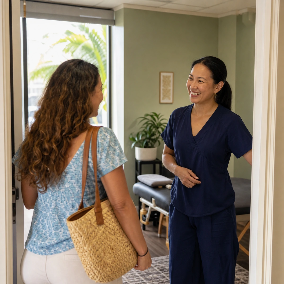 A patient arriving through the clinic door with a shoulder bag, greeted by a smiling practitioner in navy scrubs, a treatment table behind them